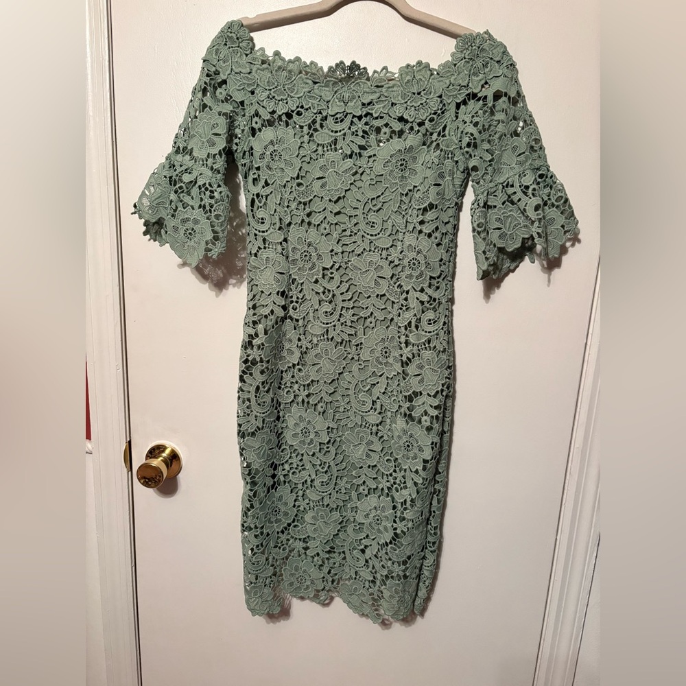 ASOS Paper Dolls Petite Crochet Midi Bardot Dress Off Shoulder Mint Sage Green